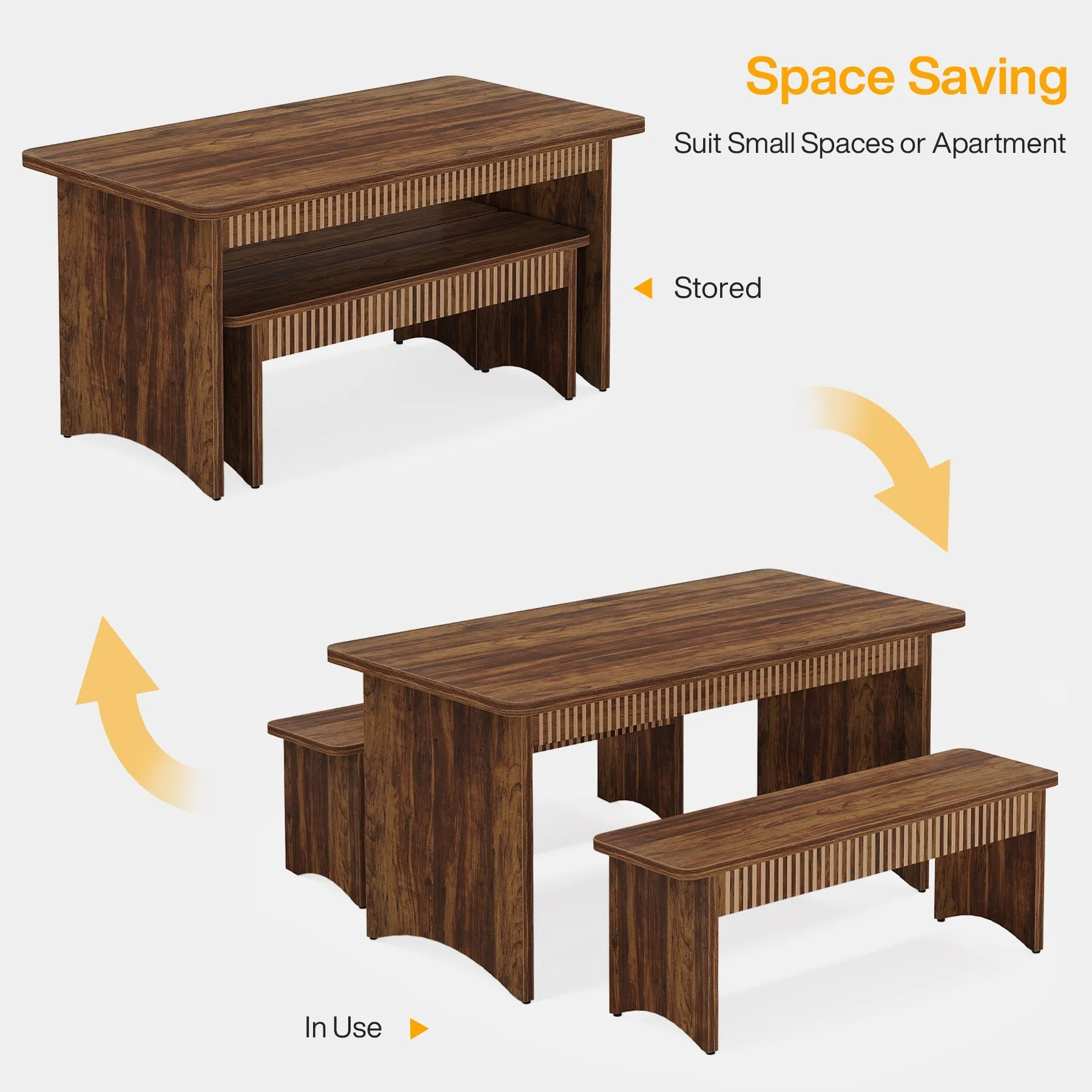 55" Kitchen Table with 2 Benches, 3-Piece Dining Table Set for 4-6 People