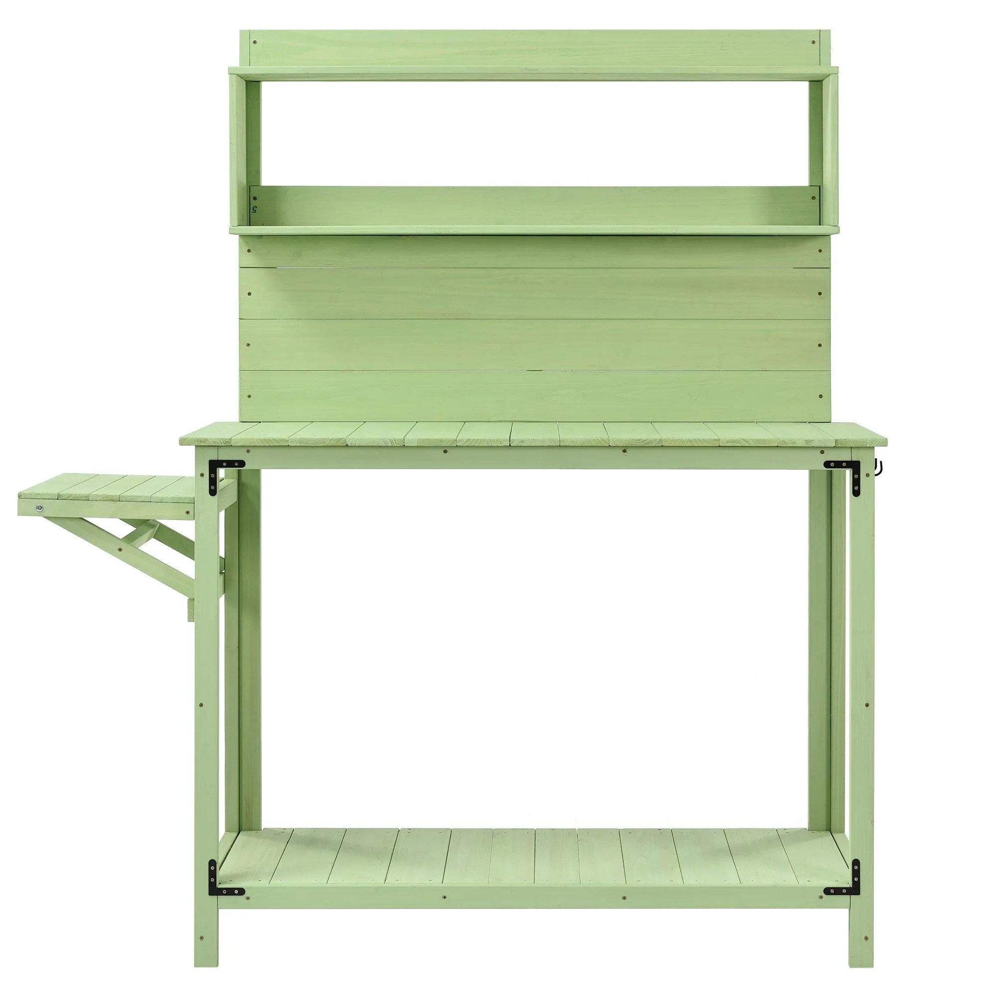 65inch Garden Wood Workstation Backyard Potting Bench Table with Shelves, Side Hook and Foldable Side Table,Green