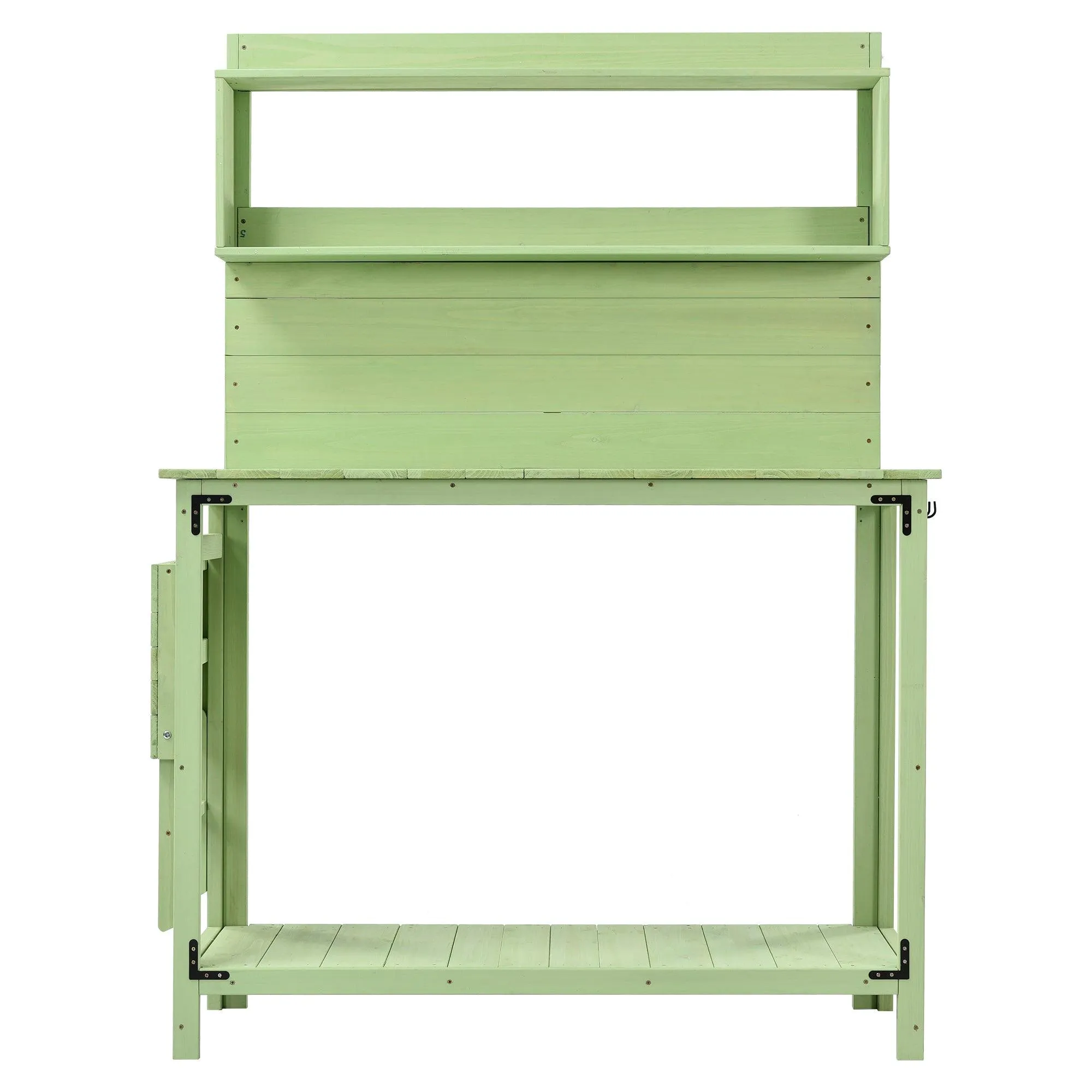 65inch Garden Wood Workstation Backyard Potting Bench Table with Shelves, Side Hook and Foldable Side Table,Green