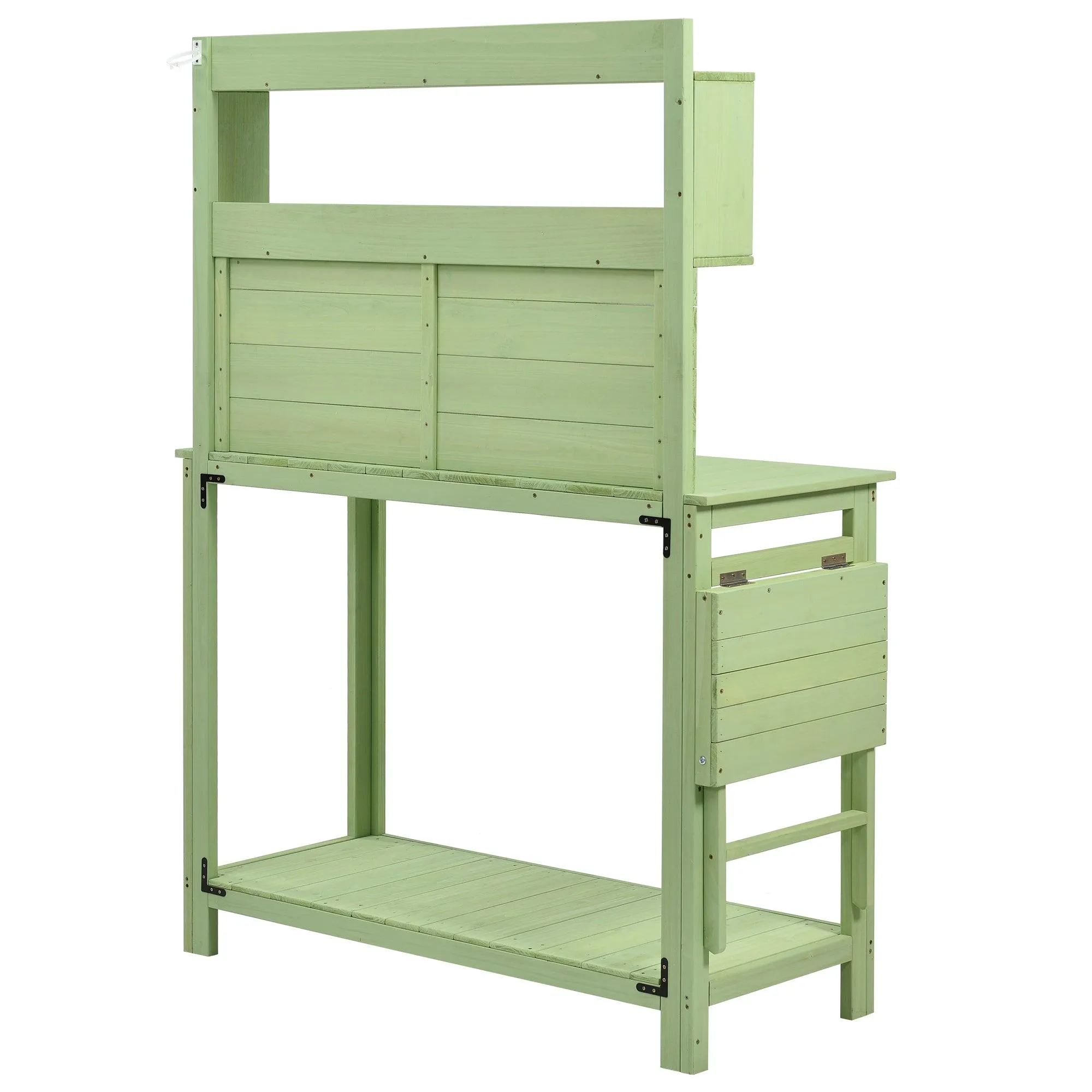 65inch Garden Wood Workstation Backyard Potting Bench Table with Shelves, Side Hook and Foldable Side Table,Green