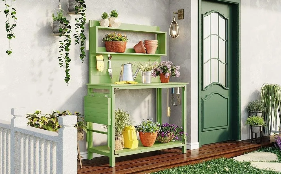 65inch Garden Wood Workstation Backyard Potting Bench Table with Shelves, Side Hook and Foldable Side Table,Green