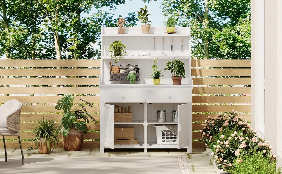 65" Garden Potting Bench Table: Fir Wood Workstation with Storage Shelf, Drawer, and Cabinet, White