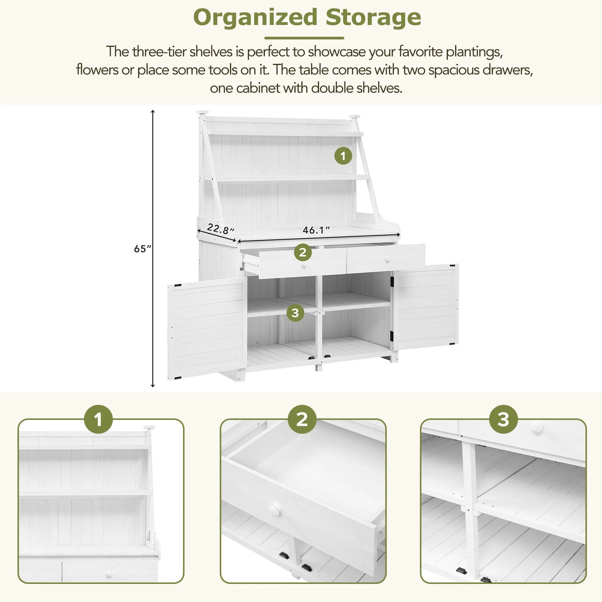 65" Garden Potting Bench Table: Fir Wood Workstation with Storage Shelf, Drawer, and Cabinet, White