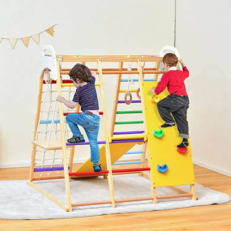 8-in-1 Indoor Wooden Jungle Gym Playset with Monkey Bars