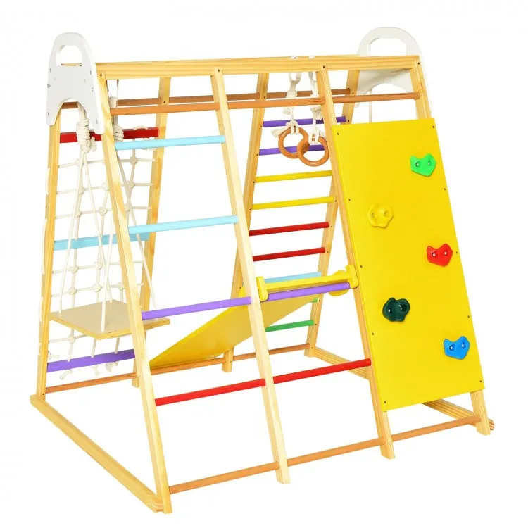 8-in-1 Indoor Wooden Jungle Gym Playset with Monkey Bars