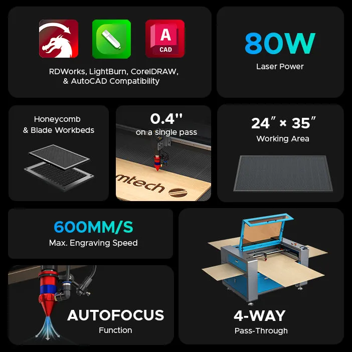 AF2435-80 - 80W CO2 Laser Engraver Cutting Machine with 24" x 35" Working Area (with Auto Focus)