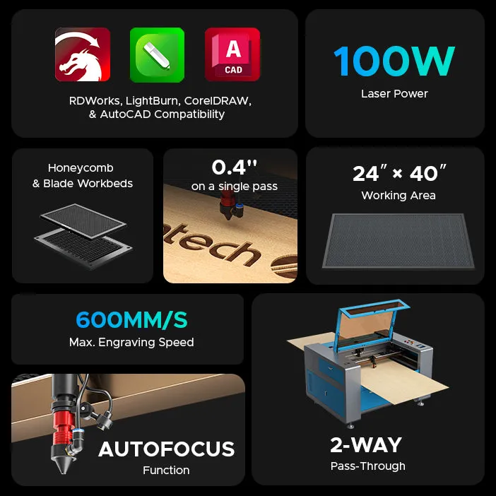 AF2440-100 - 100W CO2 Laser Engraver Cutting Machine with 24" x 40" Working Area and Auto Focus