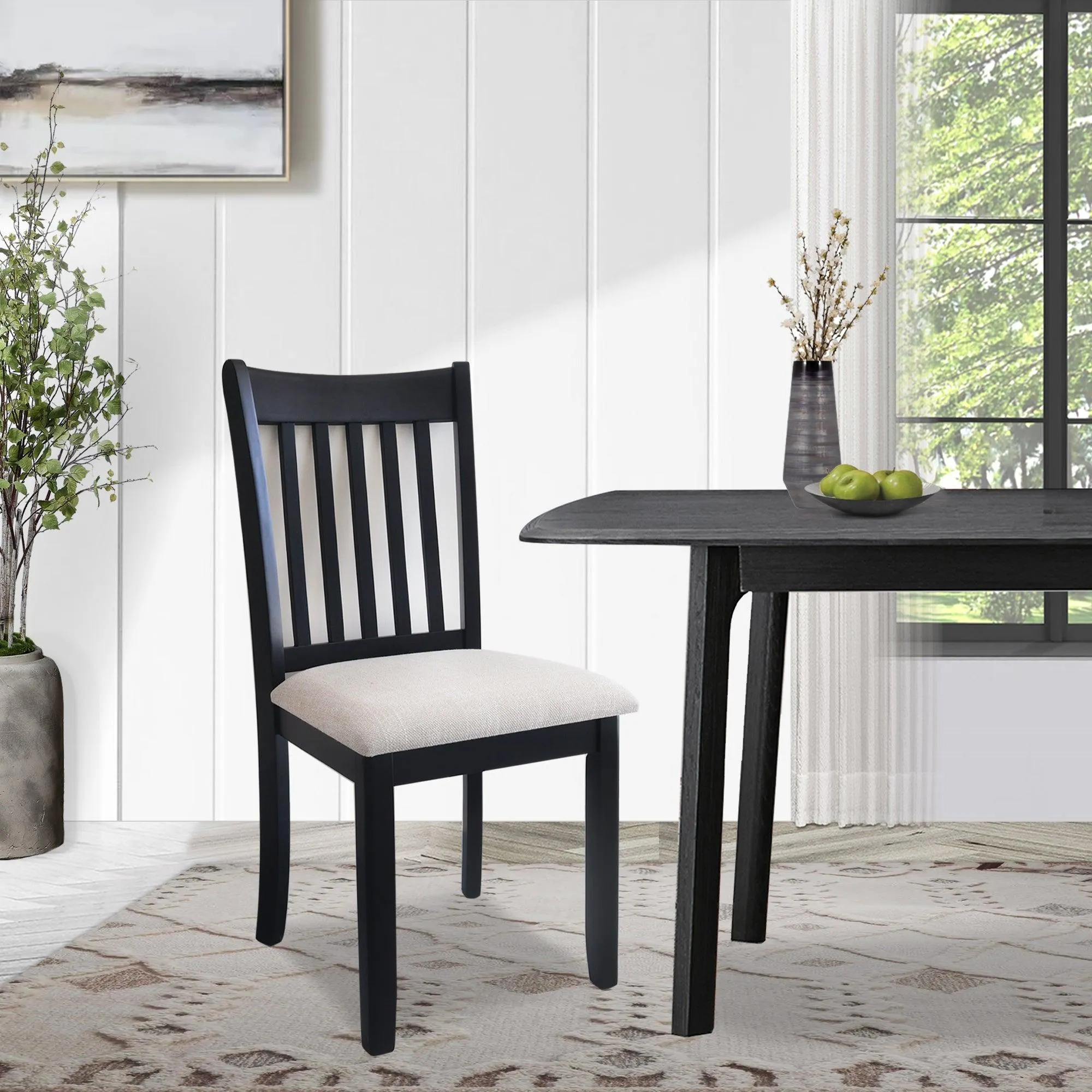 Black Dining Room Chairs Set of 2, Cushioned Seats with Wooden Backs