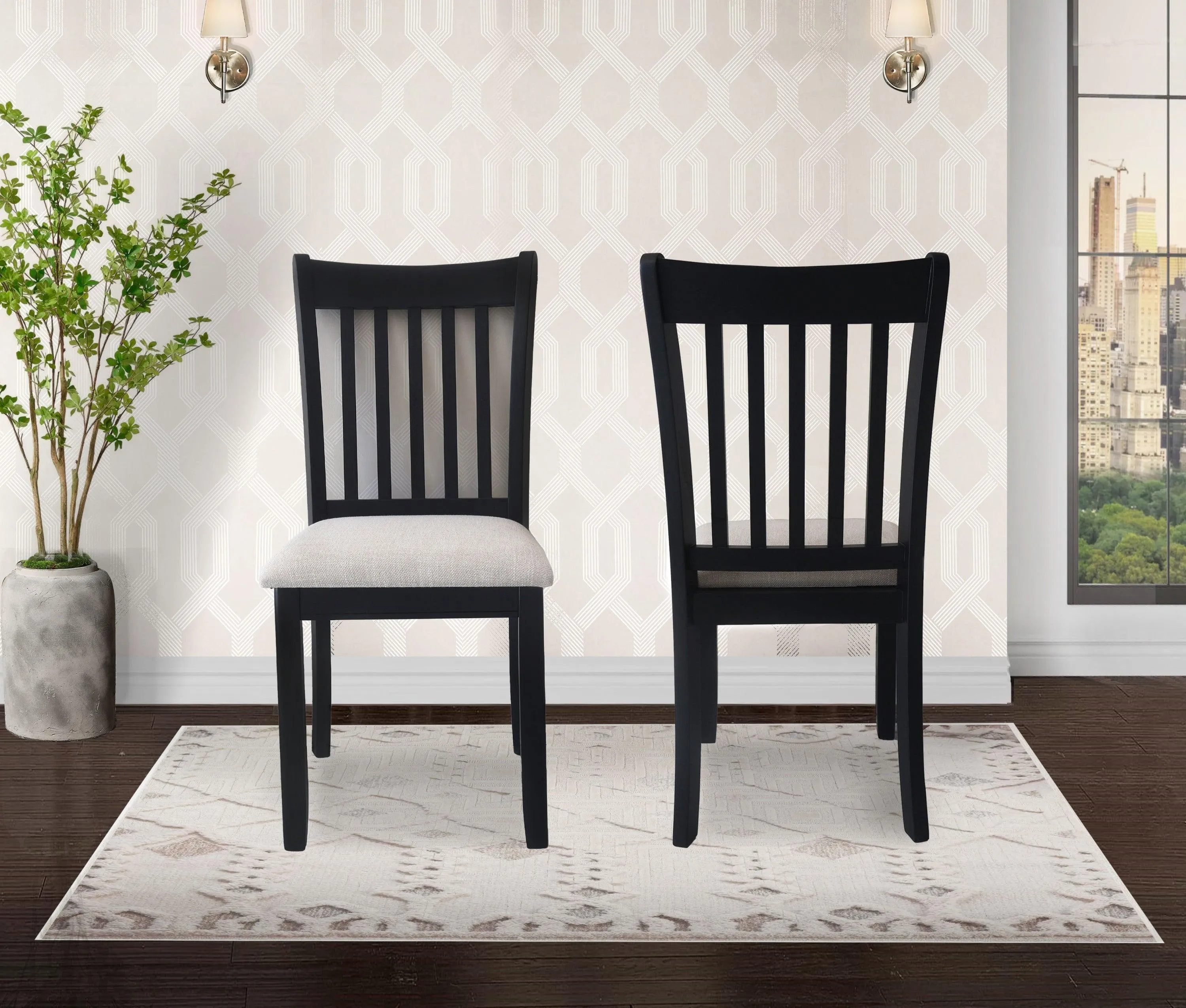 Black Dining Room Chairs Set of 2, Cushioned Seats with Wooden Backs