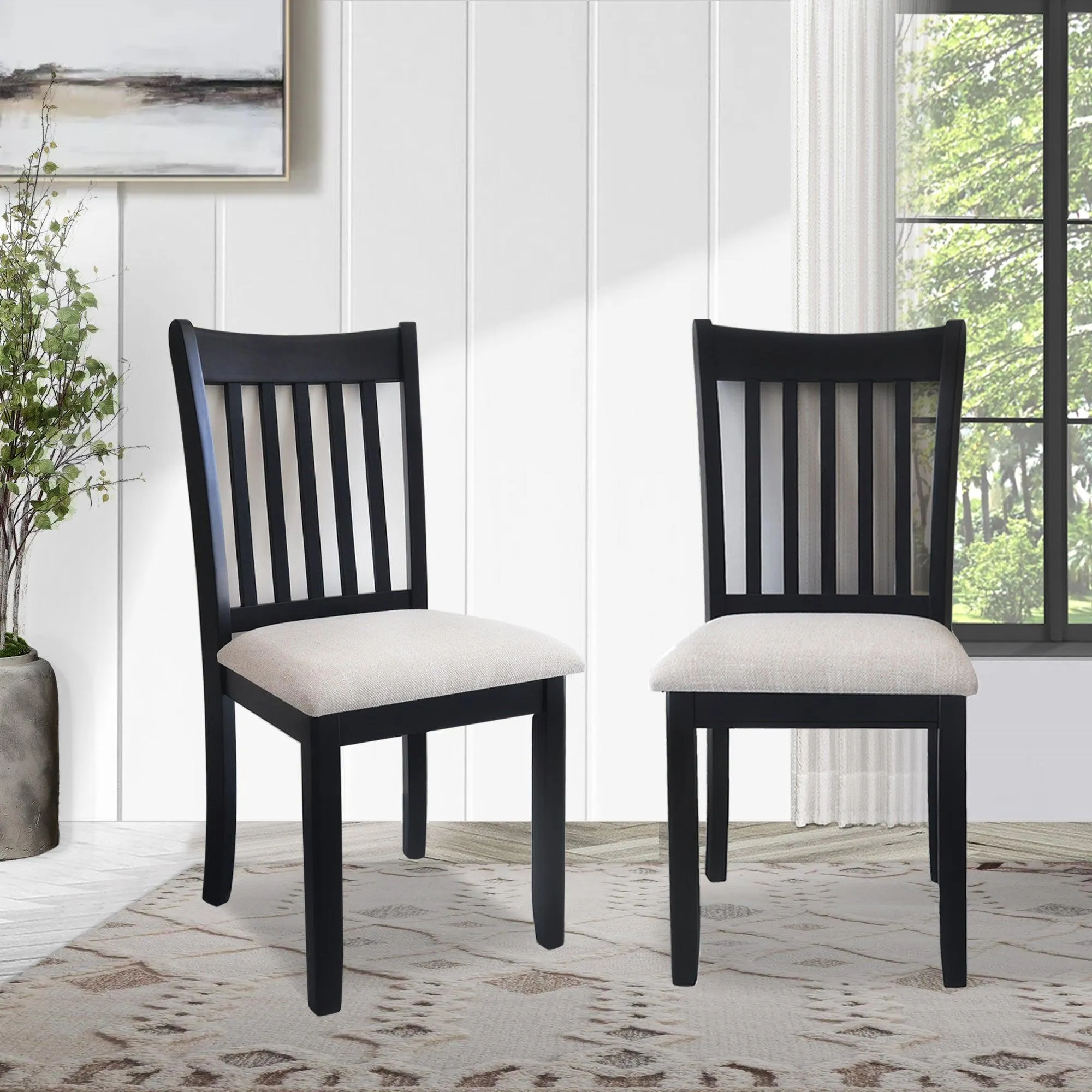 Black Dining Room Chairs Set of 2, Cushioned Seats with Wooden Backs