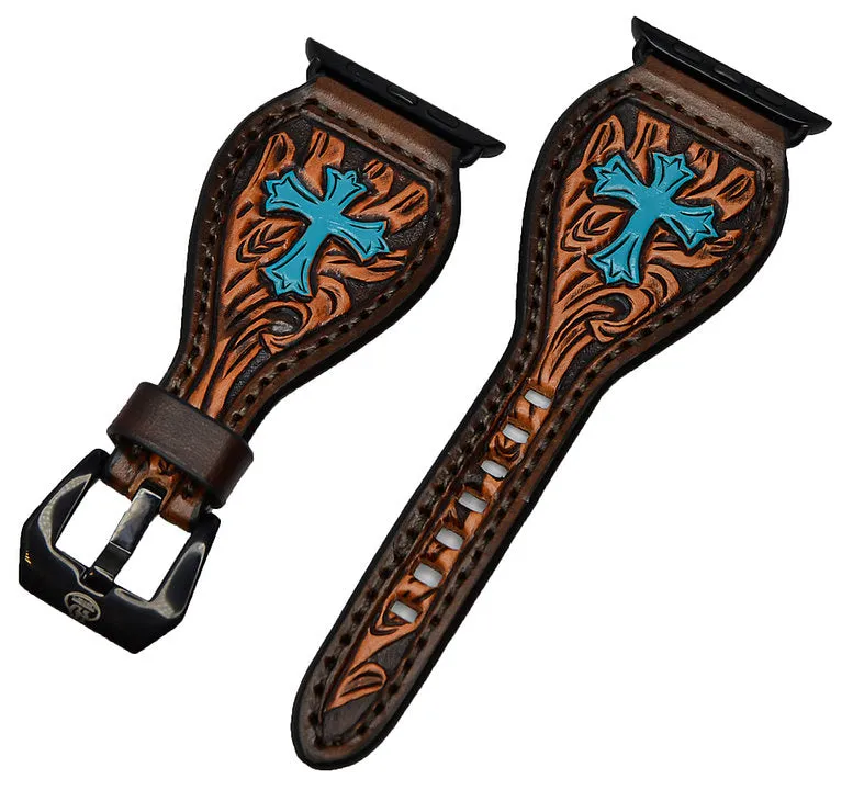 Leather Tear Drop Brown Background Turquoise Cross Apple Watch Band