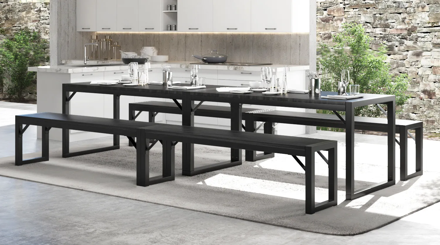 Modern Industrial Soho Dining Table Set, Dining/Kitchen Table Set with Benches