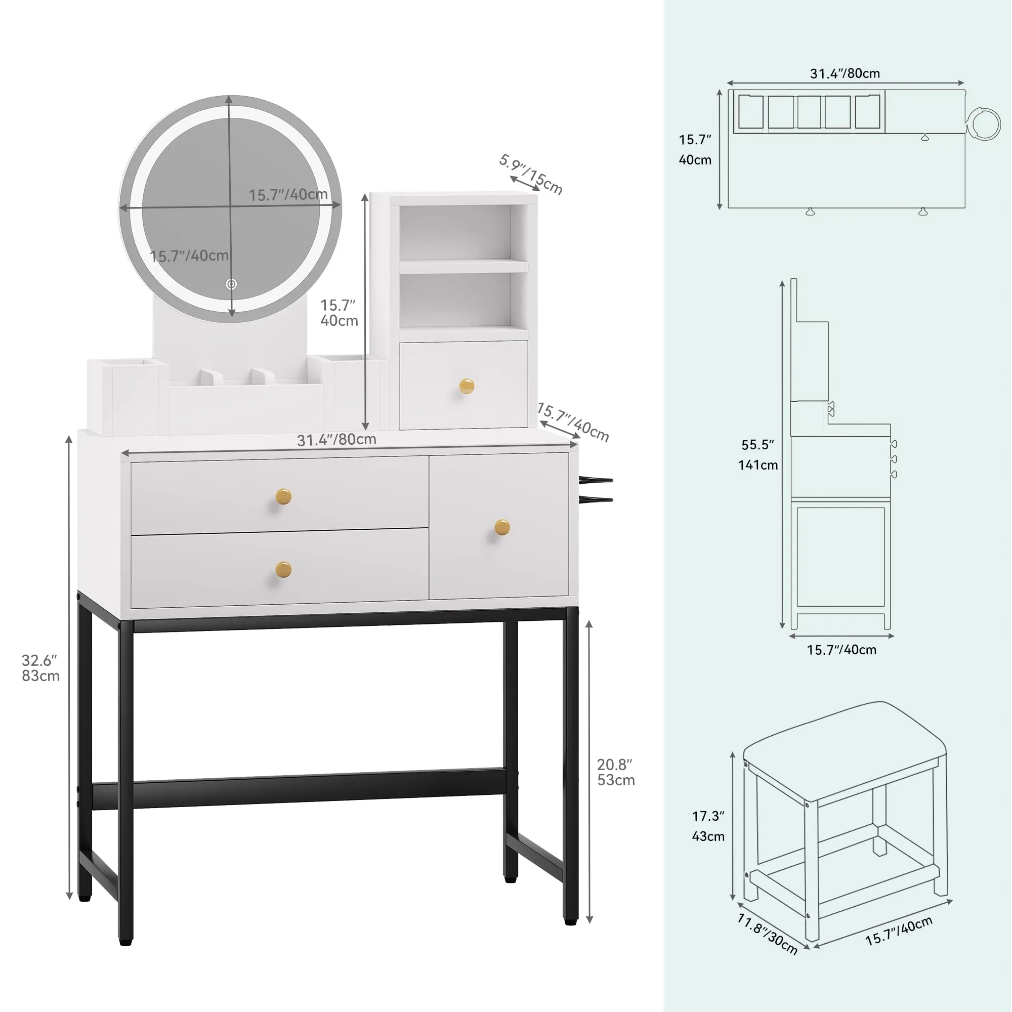 YITAHOME Makeup Vanity Desk with Mirror and Lights, Small Vanity Makeup Table for Bedroom with Lots Storage, 3 Lighting Modes, White